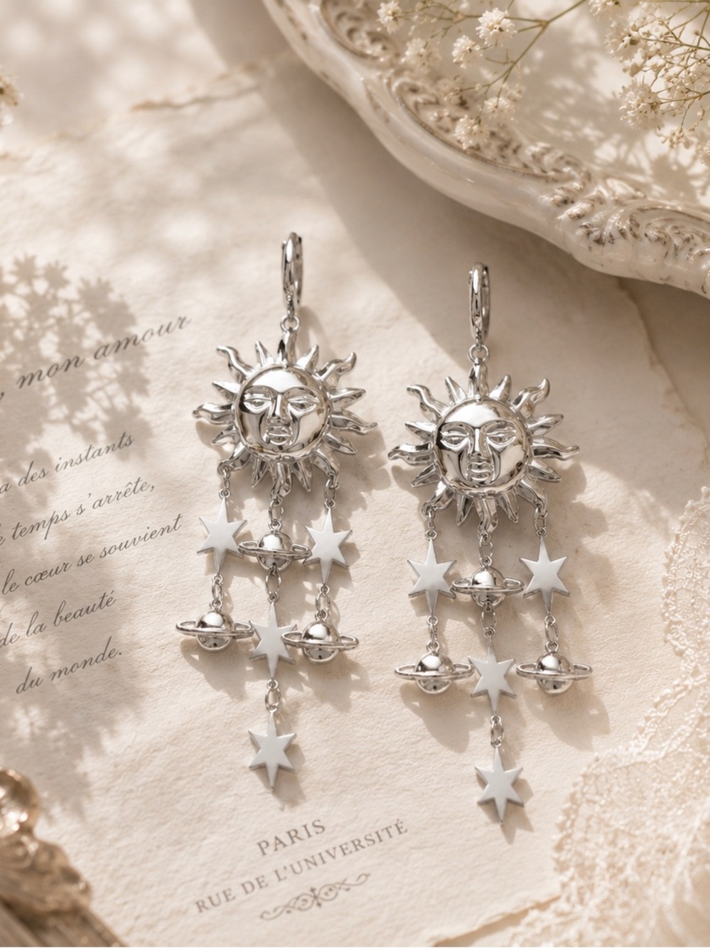 Silver Sun & Star Dangle Earrings - Celestial Drop Earrings